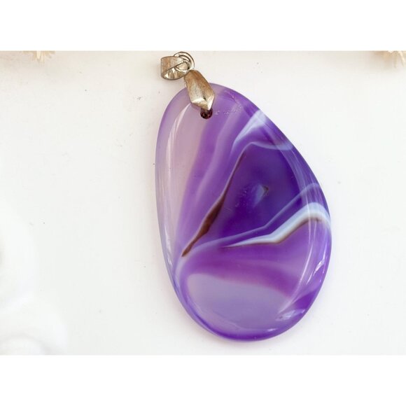 Purple Agate Sliced Smooth Crystal Freeform Silver T Teardrop Vintage Pendant - Picture 10 of 10